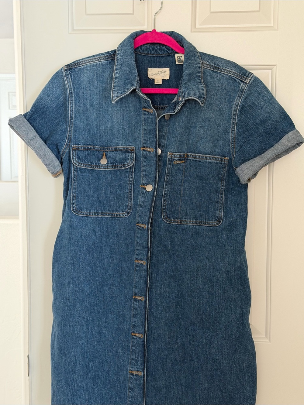 Mini Short-Sleeve Denim Shirt Dress Metal Button Pockets